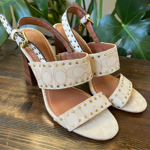 Coach Rylie Beige C Monogram Fabric Studded Leather Block Sandal Heels - Picture 1 of 12